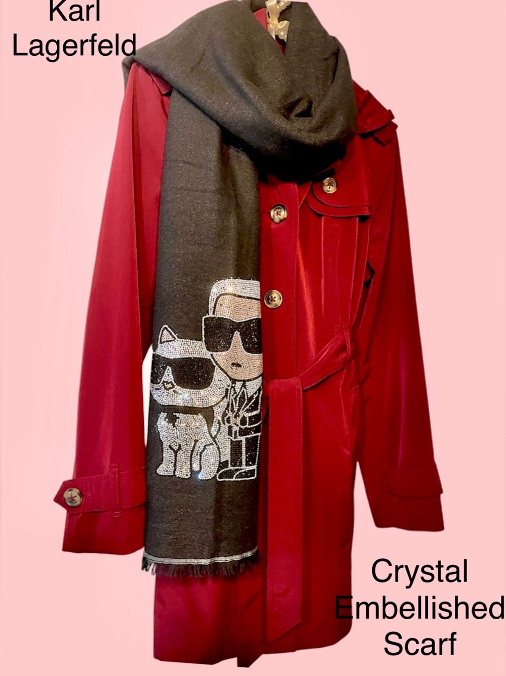 Karl Lagerfeld NWT Crystal embellished Black blanket Scarf-wrap/logo back/Unisex